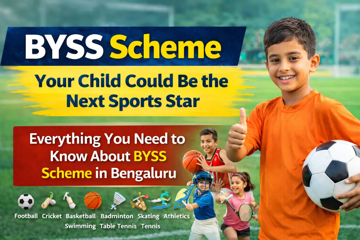 BYSS Scheme sports academy image showing children playing football, cricket, basketball and other sports in Bengaluru