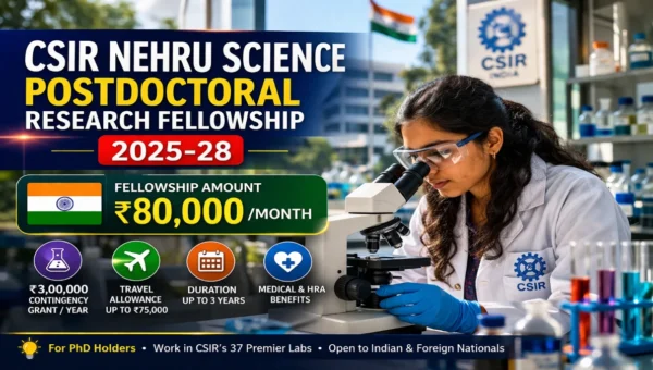 CSIR Nehru Science Postdoctoral Research Fellowship Scheme thumbnail showing a young researcher in a laboratory with fellowship amount and duration details