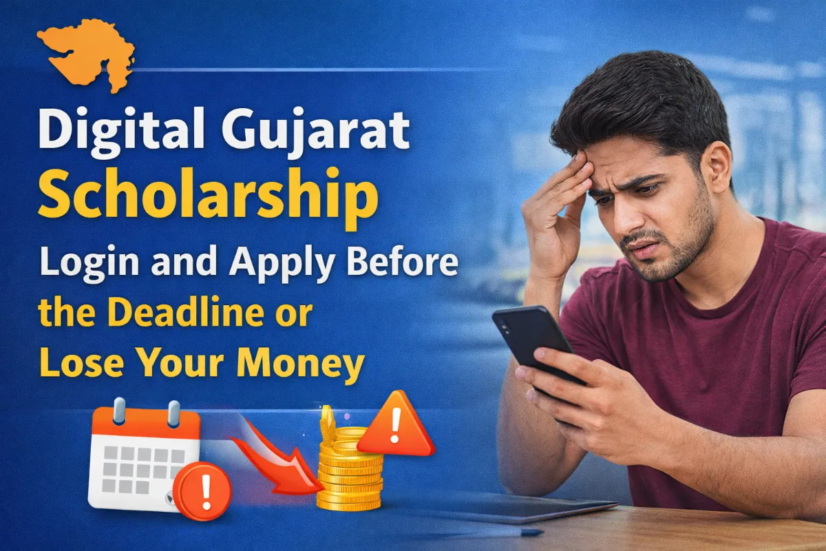 Student worried while checking phone with Digital Gujarat Scholarship login and apply before deadline message