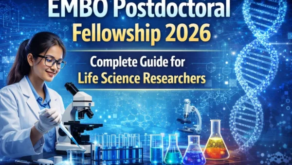EMBO Postdoctoral Fellowship 2026 image showing life science researcher working in lab with microscope and DNA structure background