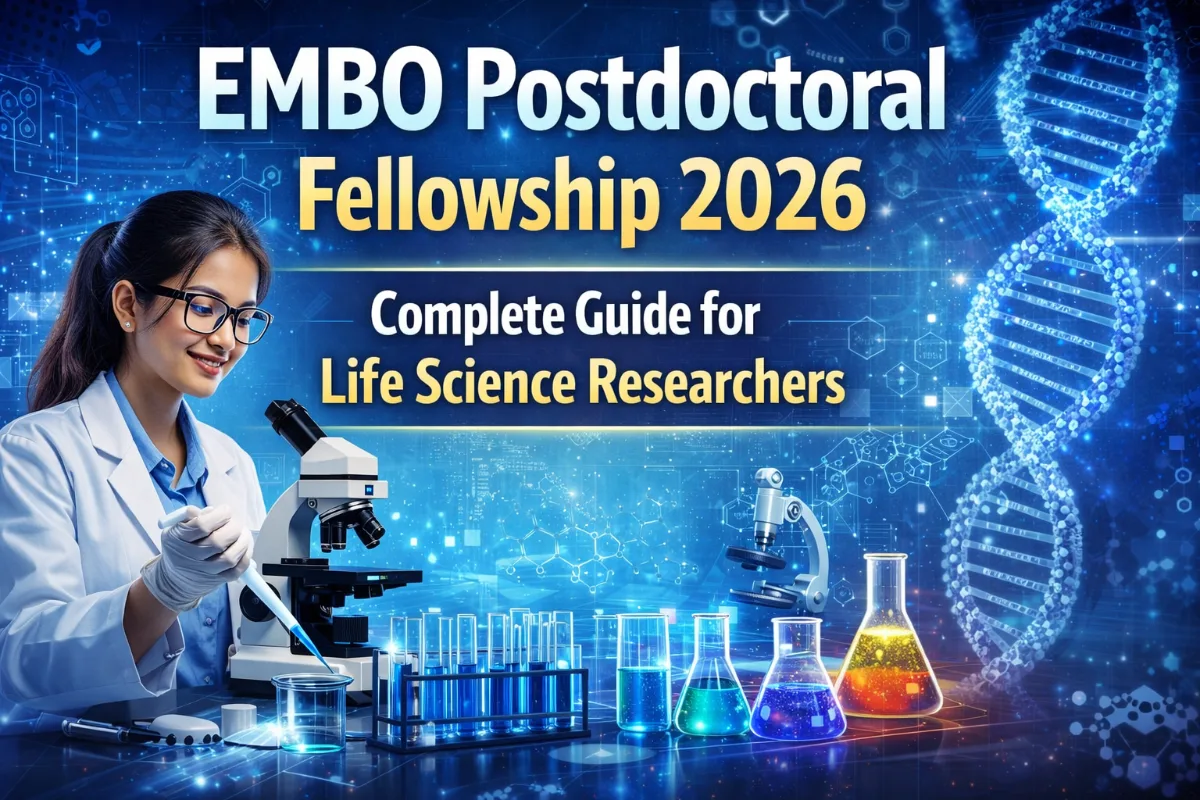 EMBO Postdoctoral Fellowship 2026: Complete Guide for Life Science Researchers 1 EMBO Postdoctoral Fellowship 2026 image showing life science researcher working in lab with microscope and DNA structure background