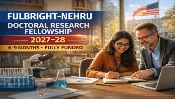 Fulbright-Nehru Doctoral Research Fellowship 2027-28 thumbnail showing an Indian PhD scholar with a research mentor in the United States