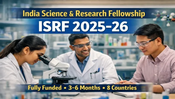 India Science and Research Fellowship (ISRF) 2026 thumbnail showing researchers in a laboratory with fellowship details