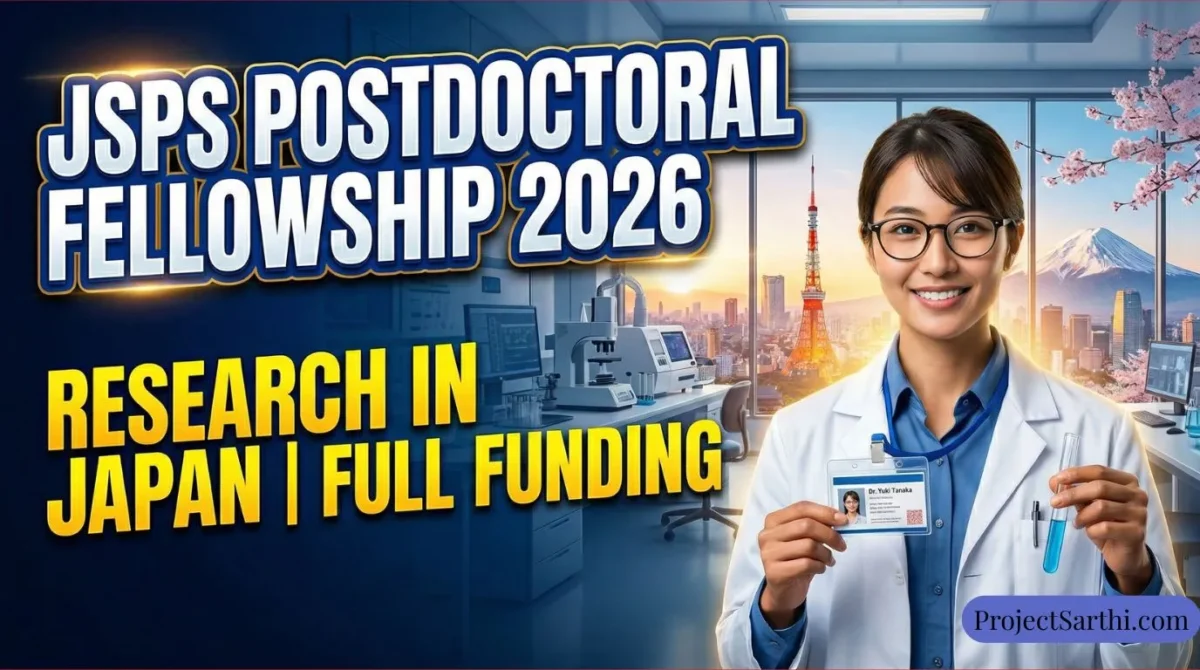 An infographic informational poster for the "JSPS POSTDOCTORAL FELLOWSHIP 2026". A friendly young East Asian woman, identified as Dr. Yuki Tanaka on her ID badge, is shown smiling in a white lab coat and glasses, holding an ID and a test tube. Large text on the left clearly states: "JSPS POSTDOCTORAL FELLOWSHIP 2026" in bold blue, with "RESEARCH IN JAPAN | FULL FUNDING" below it in bold yellow. The background is a modern research lab with a window view of the Tokyo skyline (including Tokyo Tower), Mount Fuji, and cherry blossoms at dawn, symbolizing research opportunities in Japan.