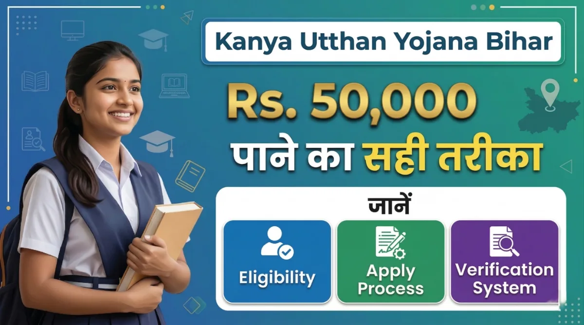Kanya Utthan Yojana Bihar: Rs. 50,000 पाने का सही तरीका, जानें Eligibility, Apply Process, Verification System 1 Kanya Utthan Yojana Bihar thumbnail showing Rs. 50000 benefit with eligibility, apply process and verification system details for girls scholarship in Bihar
