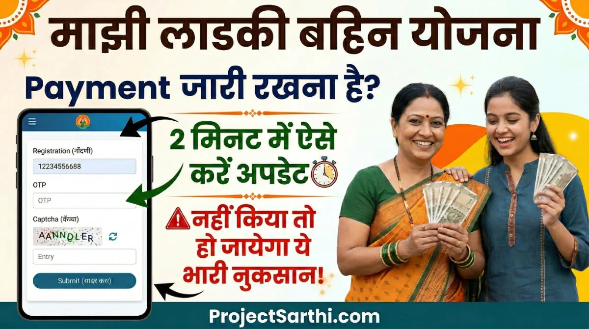 Majhi Ladki Bahin Yojana eKYC : Payment जारी रखना है? 2 मिनट में ऐसे करें अपडेट, नहीं किया तो होगा भारी नुकसान! 1 Majhi Ladki Bahin Yojana eKYC banner with married and unmarried women holding money and online registration OTP verification screen showing ₹1500 payment update alert