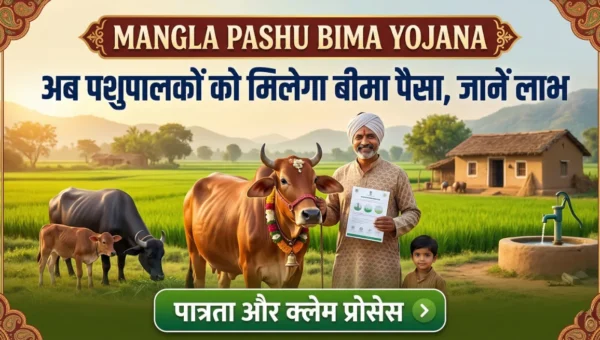 Mangla Pashu Bima Yojana Rajasthan livestock insurance scheme image showing farmer with cow and buffalo insurance benefits and claim process