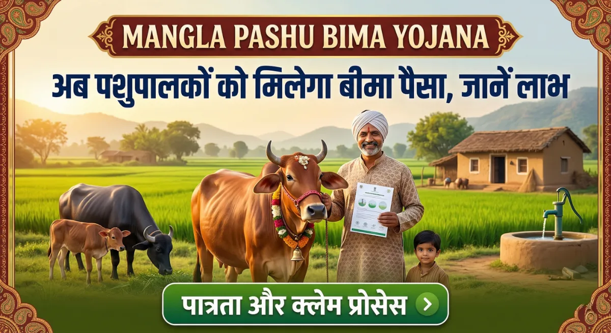 Mangla Pashu Bima Yojana Rajasthan livestock insurance scheme image showing farmer with cow and buffalo insurance benefits and claim process