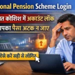 NPS login portal 2026 account lock after 3 wrong attempts worried man using laptop pension scheme login issue India