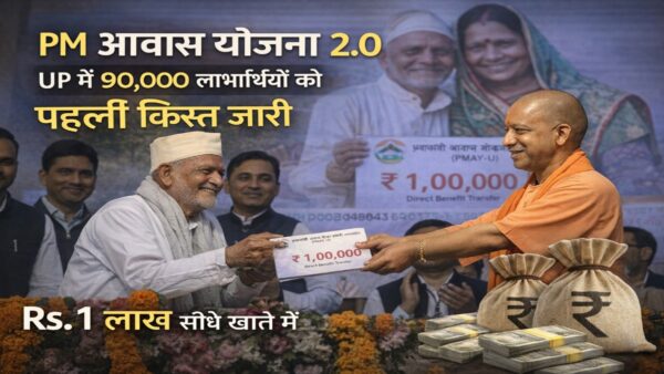 PM Awas Yojana 2.0 पहली किस्त जारी: 90,000 लाभार्थियों को ₹1 लाख DBT 2 PM Awas Yojana 2.0 पहली किस्त thumbnail showing UP beneficiaries Rs 1 lakh DBT release
