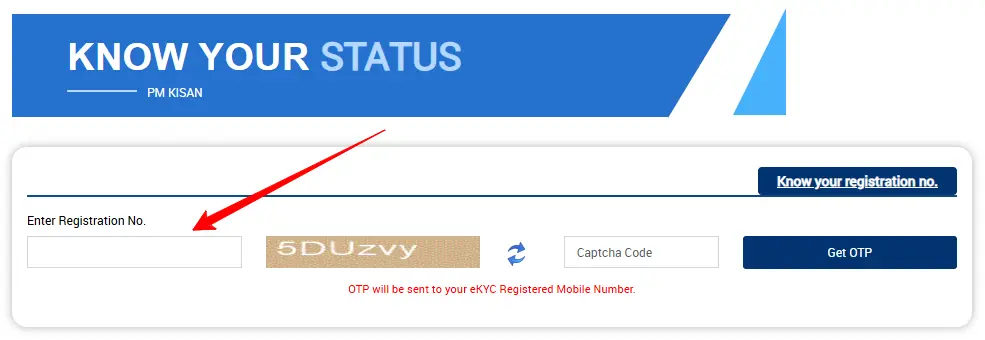 PM Kisan status check page जहाँ Registration Number और captcha डालकर OTP verify करते हैं