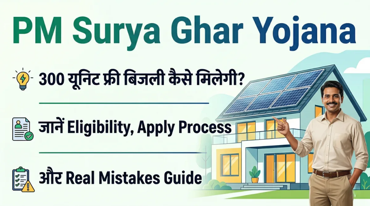 PM Surya Ghar Yojana: 300 यूनिट फ्री बिजली कैसे मिलेगी? जानें Eligibility, Apply Process और Real Mistakes Guide 1 PM Surya Ghar Yojana thumbnail showing house with rooftop solar panels and a smiling man explaining 300 unit free electricity eligibility and apply process in Hindi