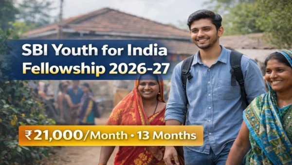 SBI Youth for India Fellowship 2026 thumbnail showing a young fellow with rural community members in an Indian village