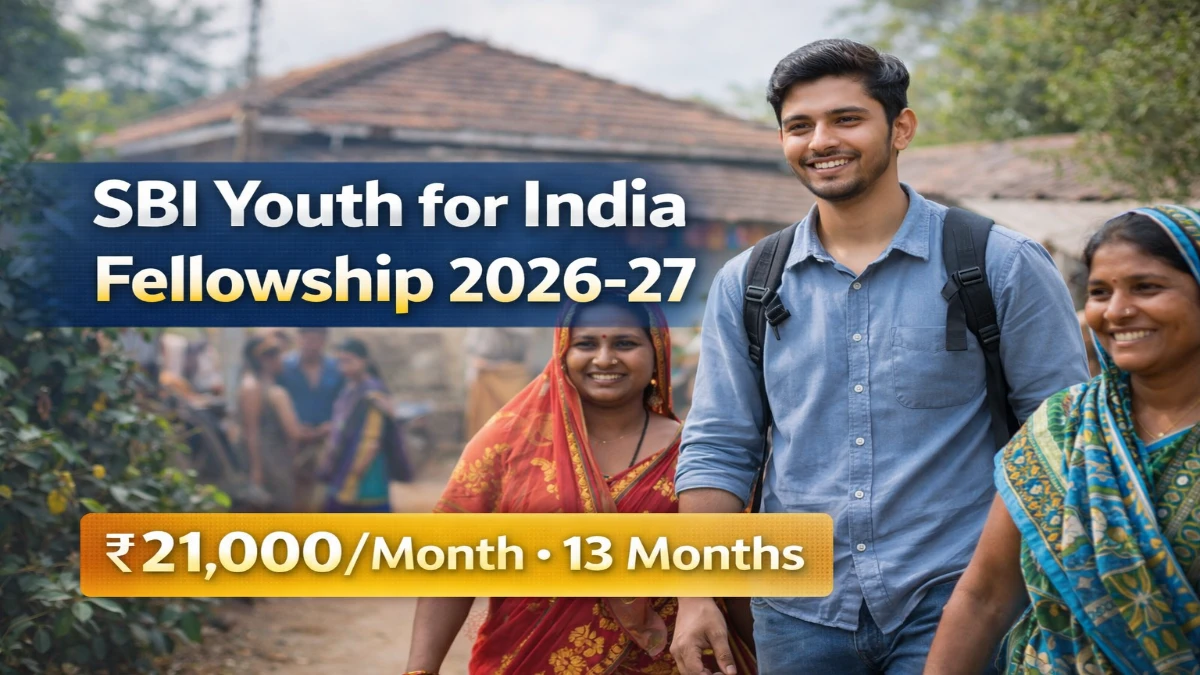 SBI Youth for India Fellowship 2026: Apply Online, Last Date & Stipend Details 1 SBI Youth for India Fellowship 2026 thumbnail showing a young fellow with rural community members in an Indian village