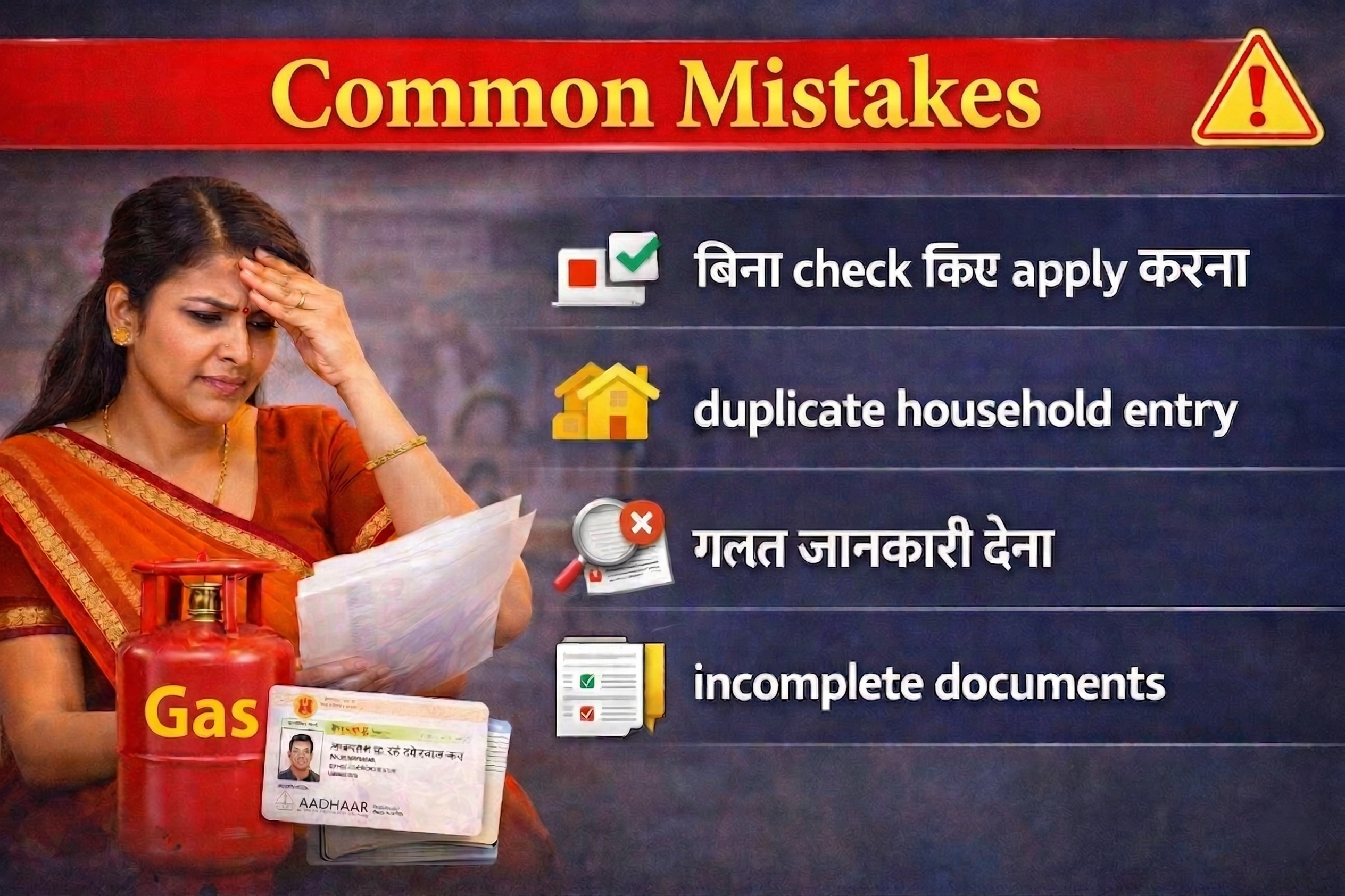 Ujjwala Scheme infographic showing common mistakes like applying without checking eligibility, duplicate household entry, wrong information and incomplete documents with worried woman and LPG cylinder