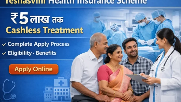 Yeshasvini Health Insurance Scheme Apply: ₹5 लाख तक Cashless Treatment, Complete Apply Process, Eligibility, Benefits 1 Yeshasvini Health Insurance Scheme Online Apply banner showing ₹5 lakh cashless treatment benefits, eligibility details and application process in Karnataka health insurance scheme