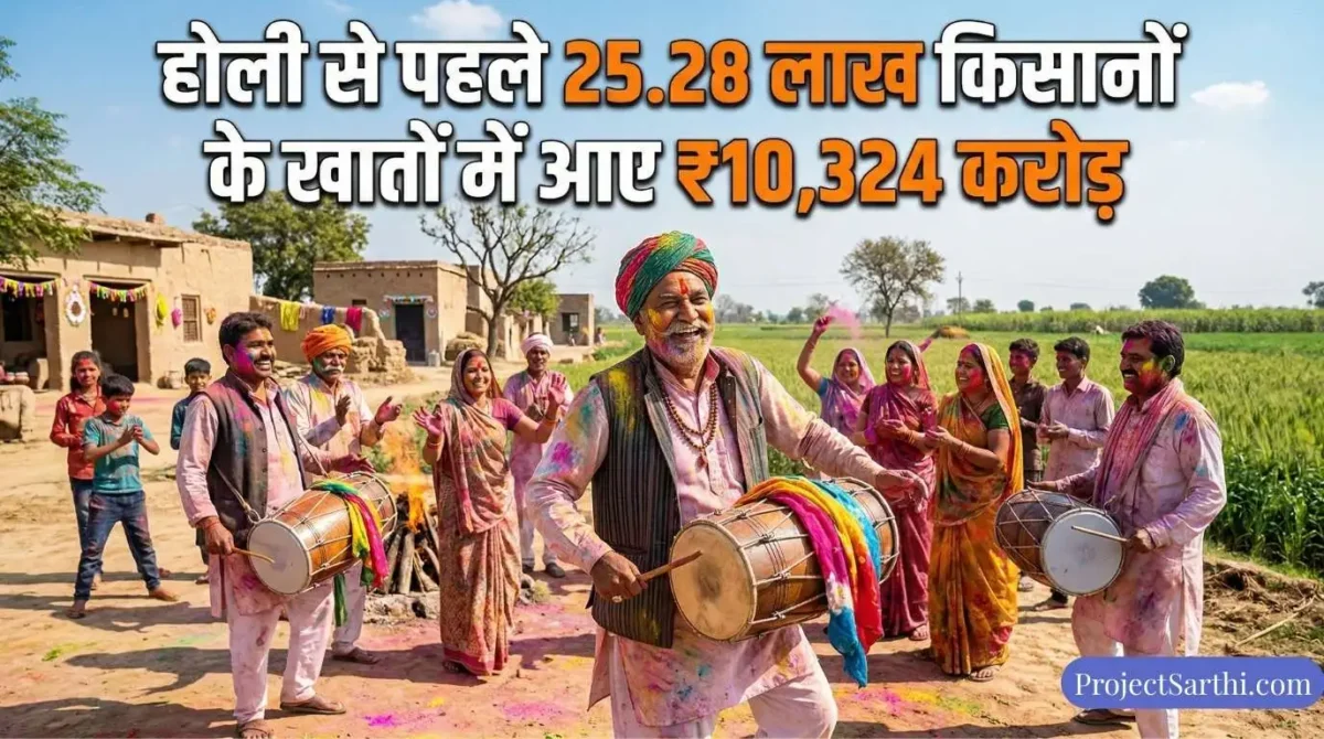 कृषक उन्नति योजना 2026: 25.28 लाख किसानों को मिले ₹10,324 करोड़ — पूरी जानकारी 1 कृषक उन्नति योजना 2026: एक भारतीय किसान परिवार और ग्रामीण समुदाय खेतों के पास ढोल-नगाड़ों और रंगों के साथ होली मनाते हुए।