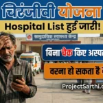 चिरंजीवी योजना Hospital List banner showing worried man checking hospital status before treatment with alert message about verifying hospital list