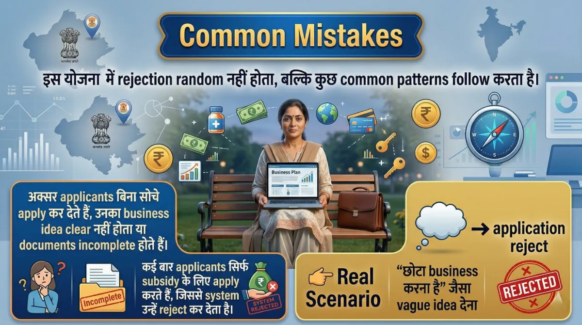 Infographic showing common mistakes in Indira Mahila Shakti Udyam Protsahan Yojana application including incomplete documents, unclear business idea and rejection reasons