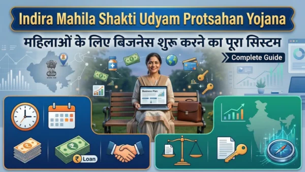 Indira Mahila Shakti Udyam Protsahan Yojana infographic showing women business startup guide, loan support, training, financial assistance and India map