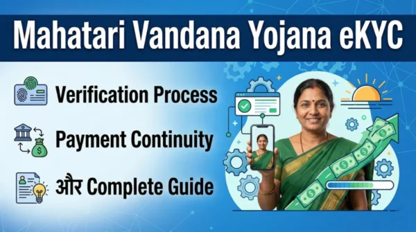 Mahatari Vandana Yojana eKYC Chhattisgarh verification process and payment continuity guide showing woman holding phone and digital verification icons
